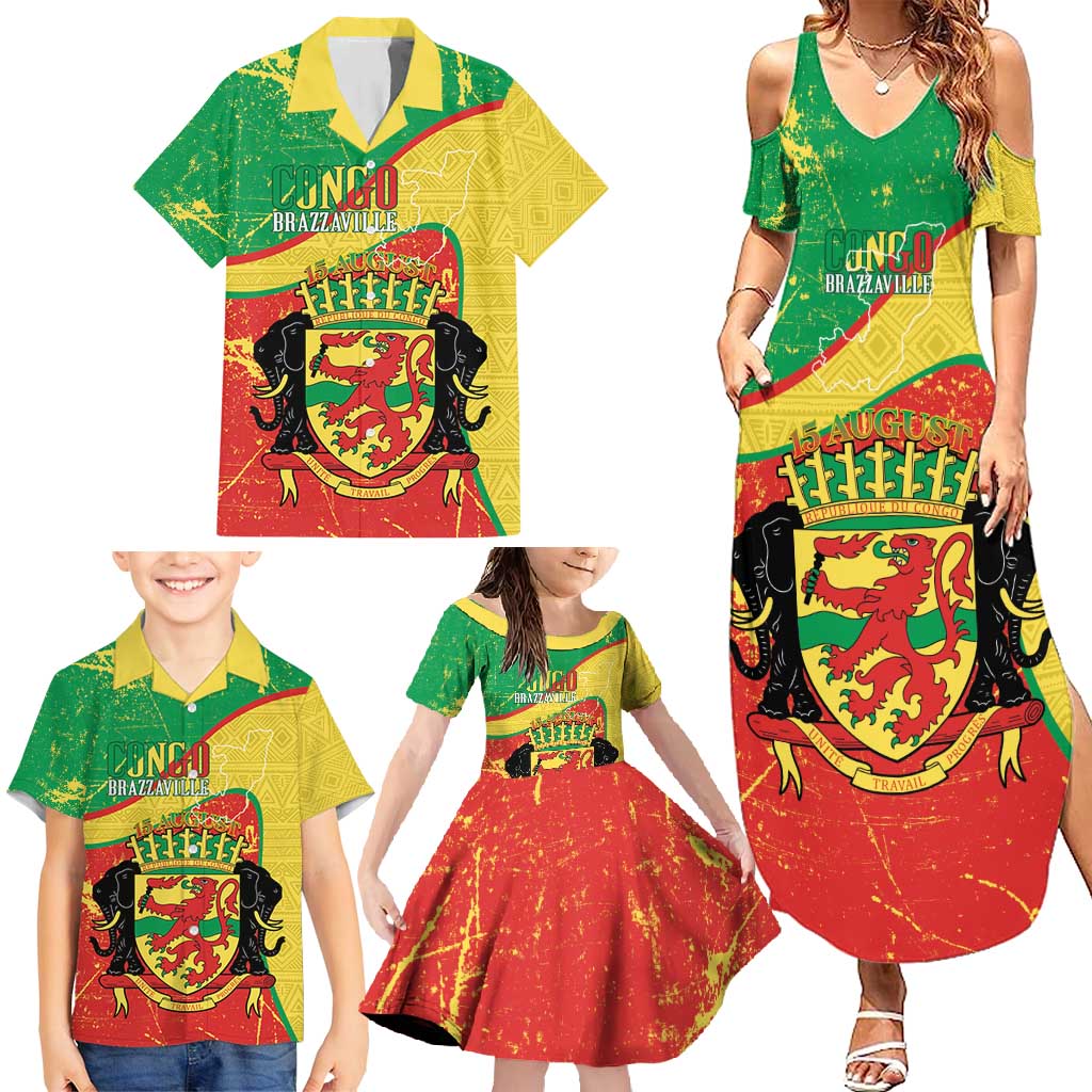 Personalized Congo-Brazzaville Independence Day Family Matching Summer Maxi Dress and Hawaiian Shirt Coat Of Arms Grunge Style - Wonder Print Shop