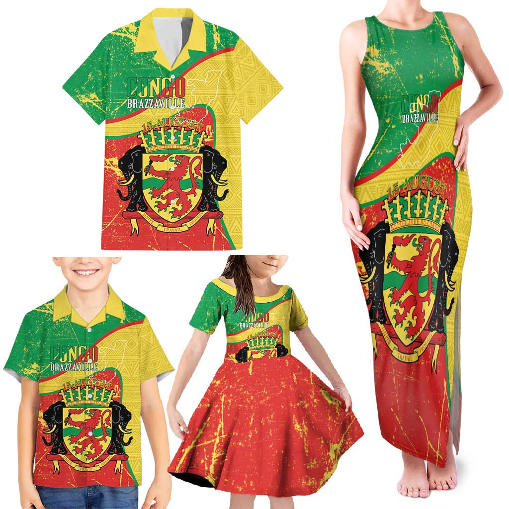 Personalized Congo-Brazzaville Independence Day Family Matching Tank Maxi Dress and Hawaiian Shirt Coat Of Arms Grunge Style - Wonder Print Shop