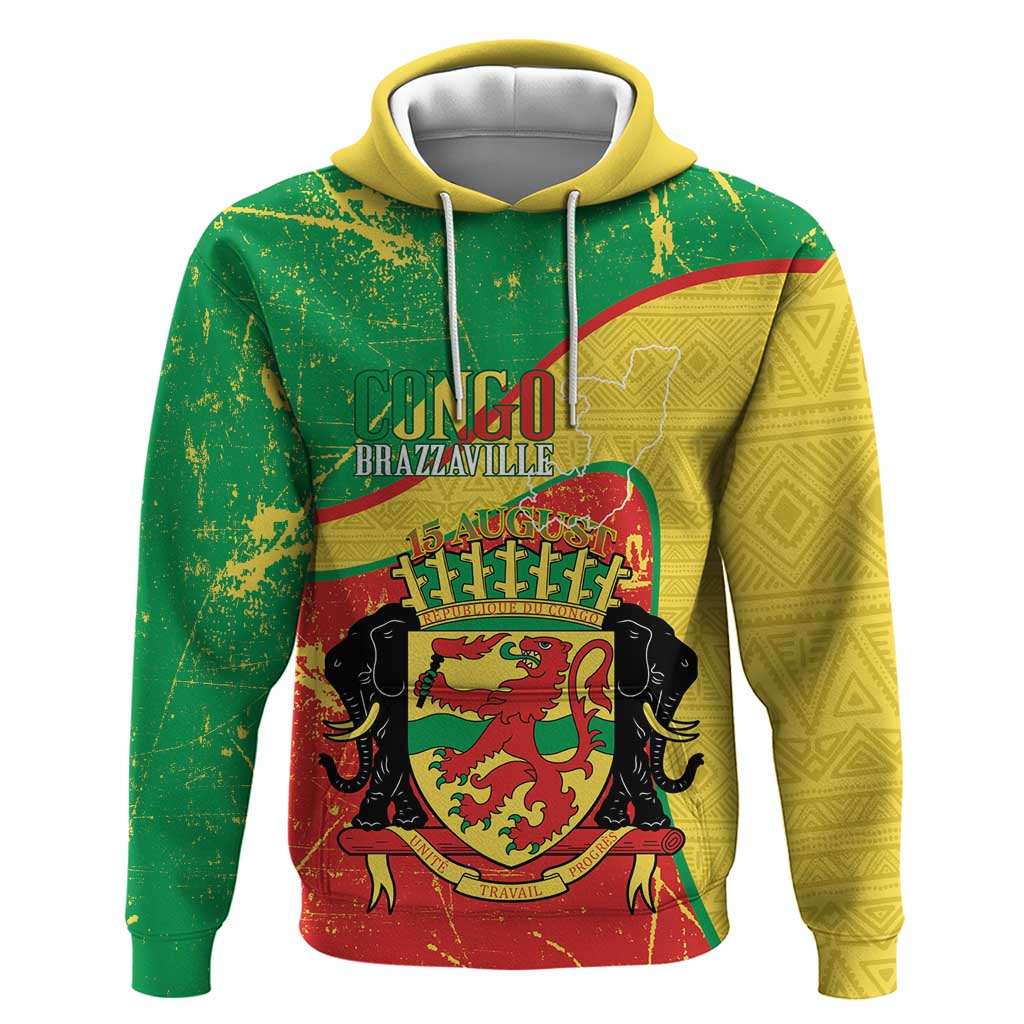 Personalized Congo-Brazzaville Independence Day Hoodie Coat Of Arms Grunge Style - Wonder Print Shop