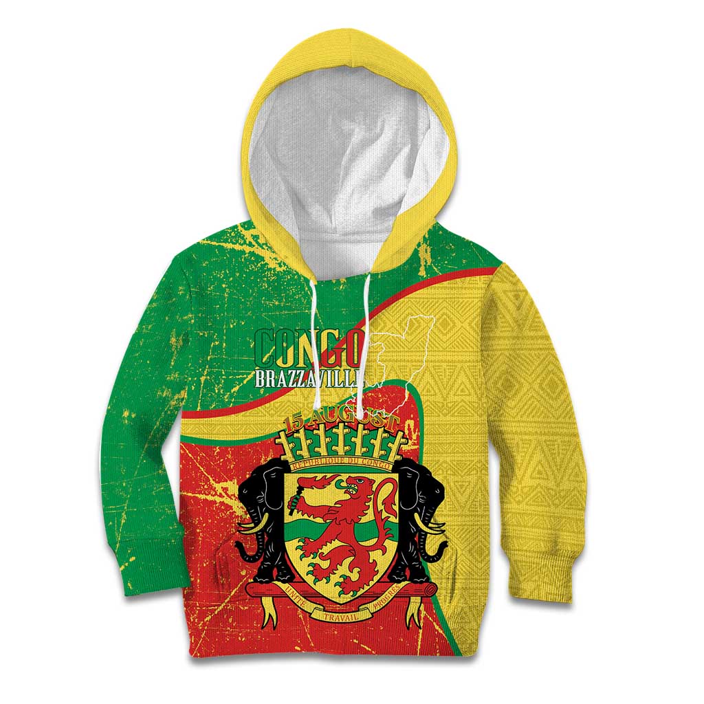 Personalized Congo-Brazzaville Independence Day Kid Hoodie Coat Of Arms Grunge Style - Wonder Print Shop