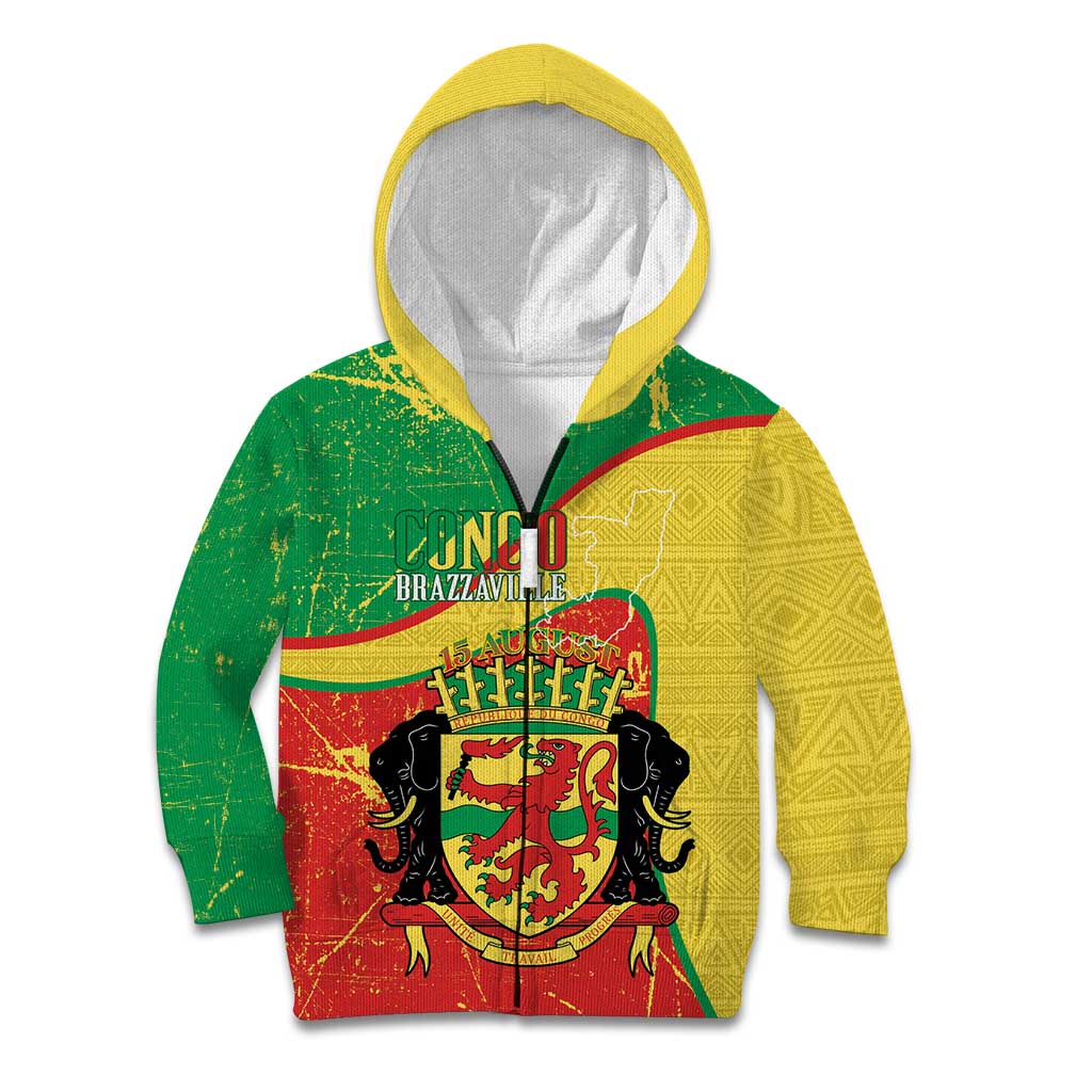 Personalized Congo-Brazzaville Independence Day Kid Hoodie Coat Of Arms Grunge Style - Wonder Print Shop