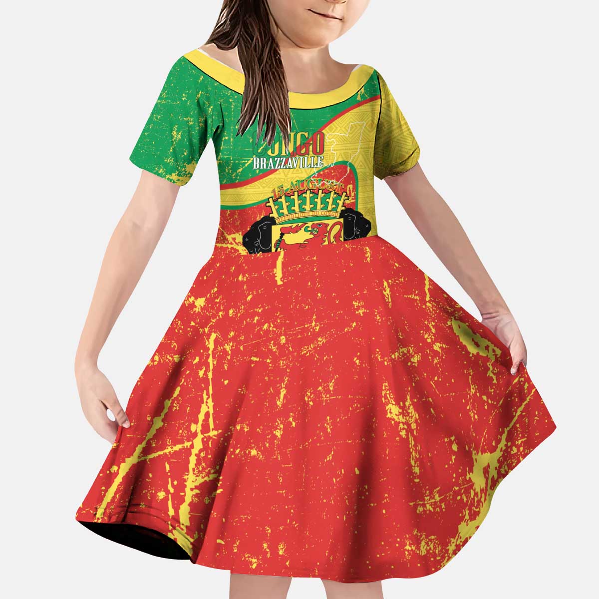 Personalized Congo-Brazzaville Independence Day Kid Short Sleeve Dress Coat Of Arms Grunge Style - Wonder Print Shop