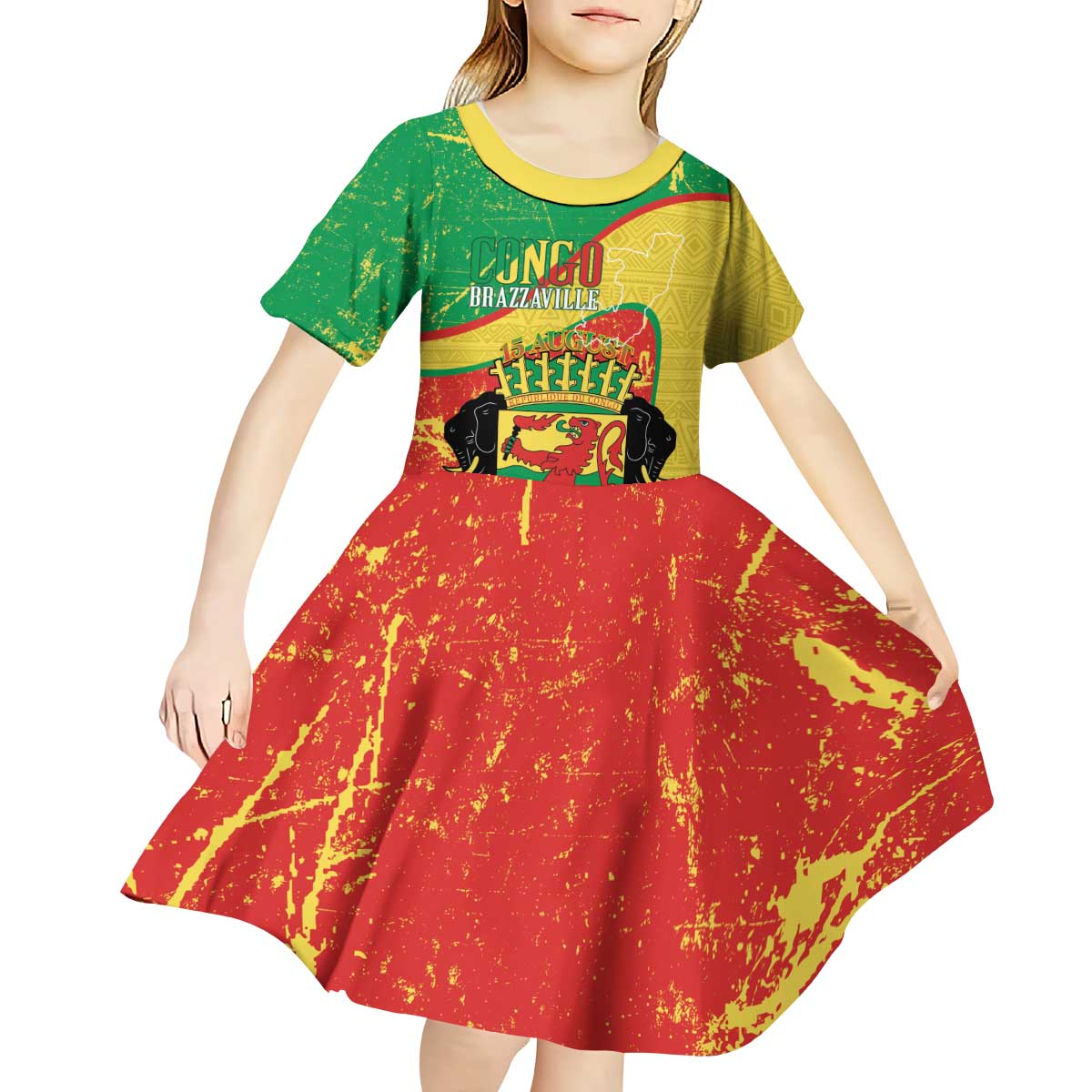 Personalized Congo-Brazzaville Independence Day Kid Short Sleeve Dress Coat Of Arms Grunge Style - Wonder Print Shop
