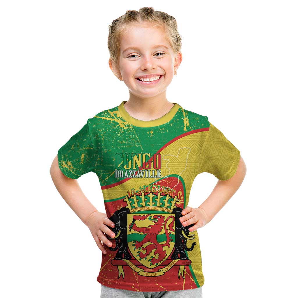 Personalized Congo-Brazzaville Independence Day Kid T Shirt Coat Of Arms Grunge Style - Wonder Print Shop