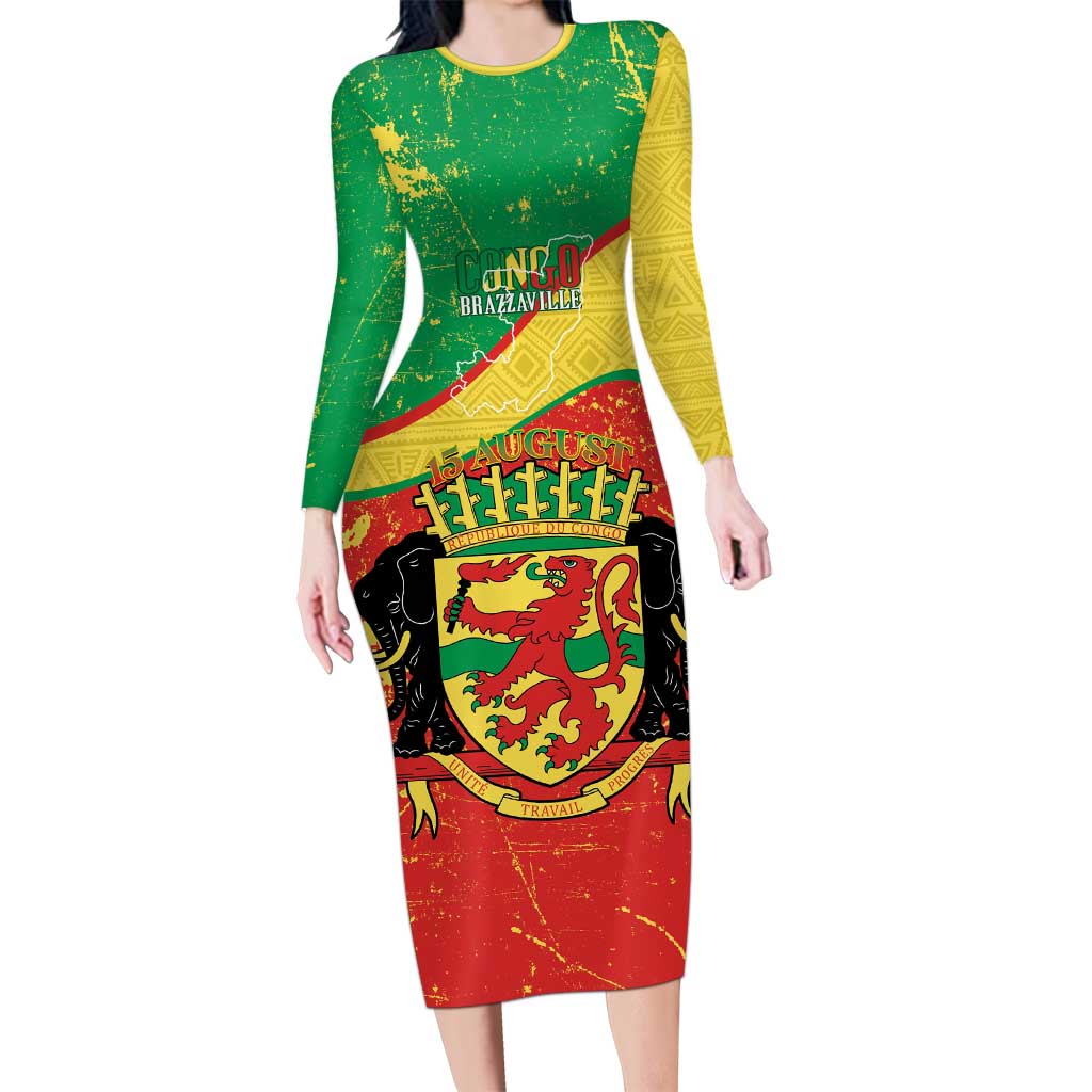 Personalized Congo-Brazzaville Independence Day Long Sleeve Bodycon Dress Coat Of Arms Grunge Style - Wonder Print Shop