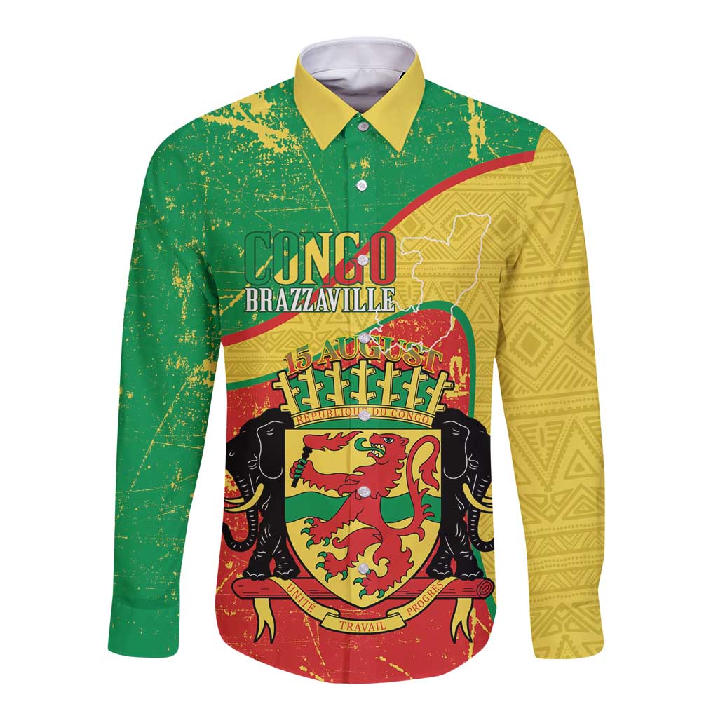 Personalized Congo-Brazzaville Independence Day Long Sleeve Button Shirt Coat Of Arms Grunge Style - Wonder Print Shop