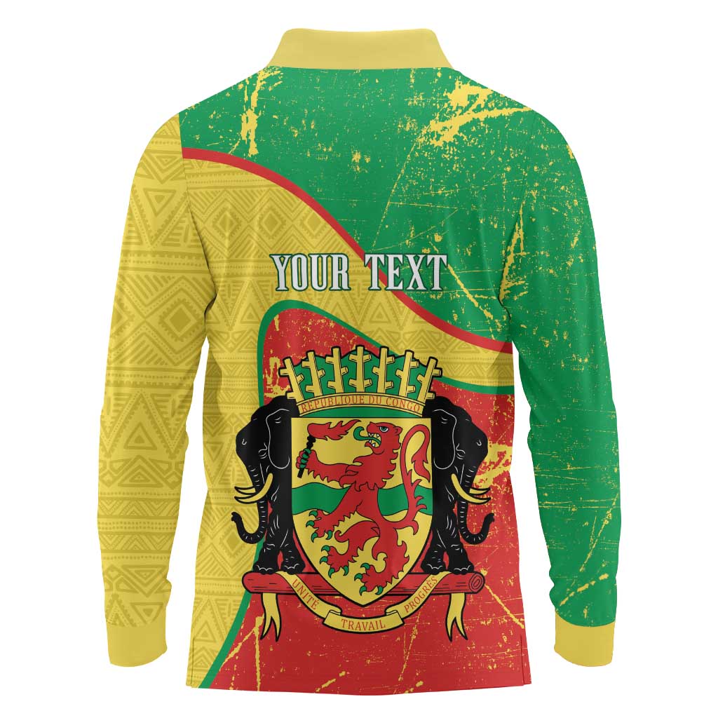 Personalized Congo-Brazzaville Independence Day Long Sleeve Polo Shirt Coat Of Arms Grunge Style - Wonder Print Shop