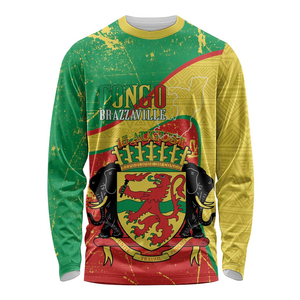 Personalized Congo-Brazzaville Independence Day Long Sleeve Shirt Coat Of Arms Grunge Style - Wonder Print Shop