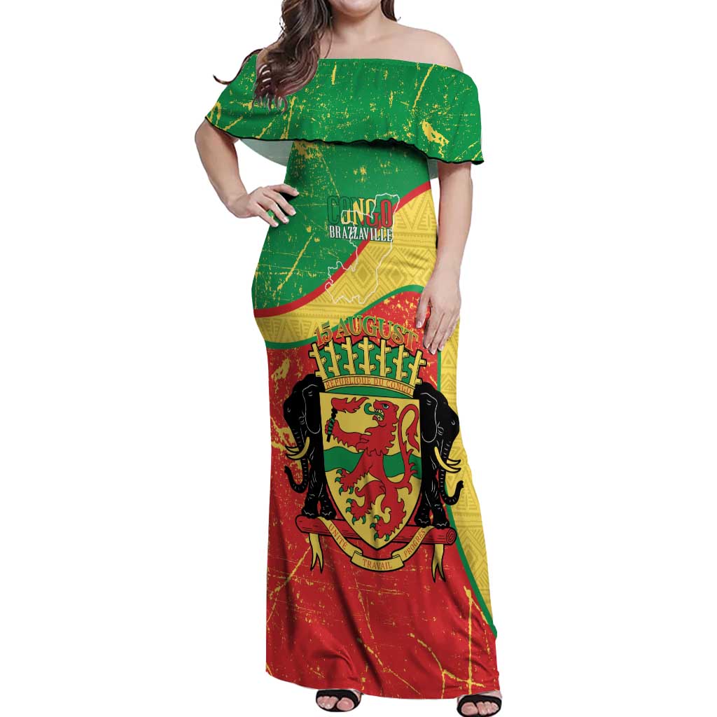 Personalized Congo-Brazzaville Independence Day Off Shoulder Maxi Dress Coat Of Arms Grunge Style - Wonder Print Shop