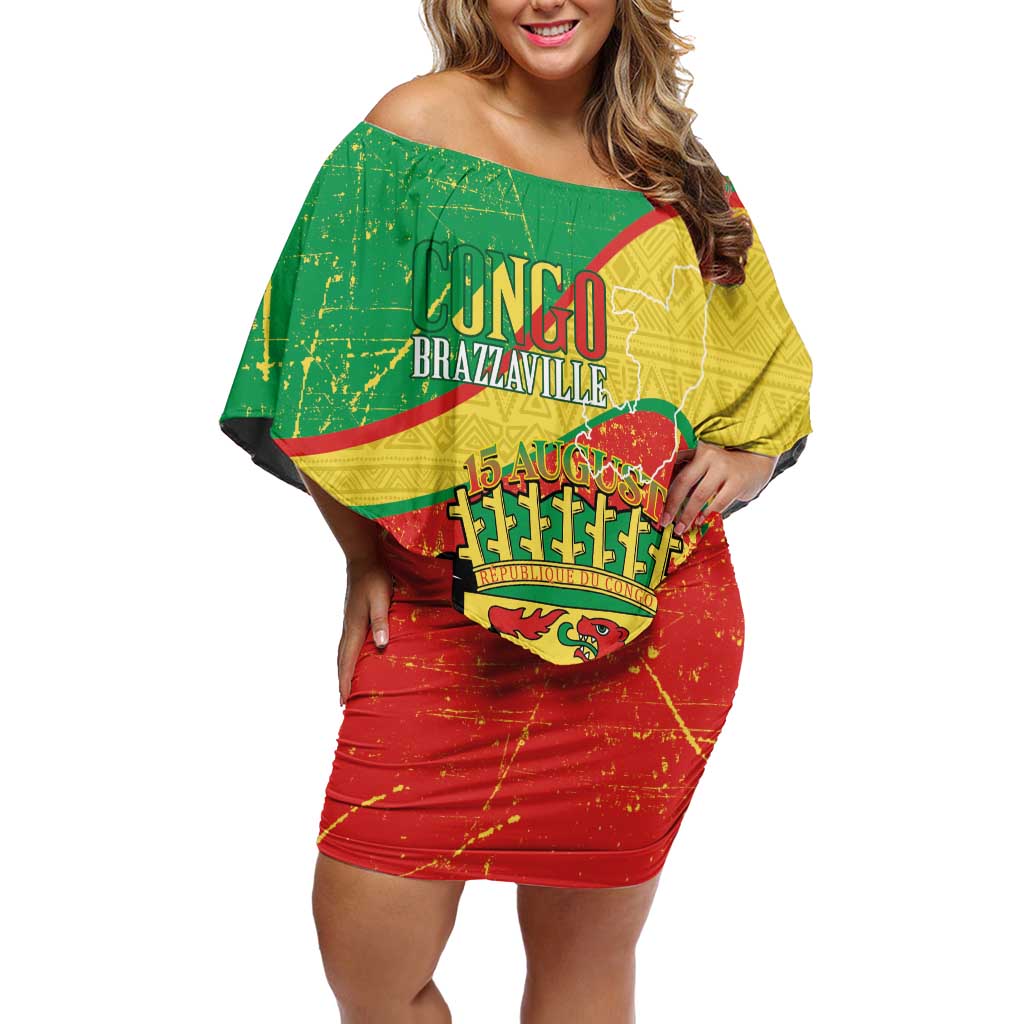 Personalized Congo-Brazzaville Independence Day Off Shoulder Short Dress Coat Of Arms Grunge Style - Wonder Print Shop