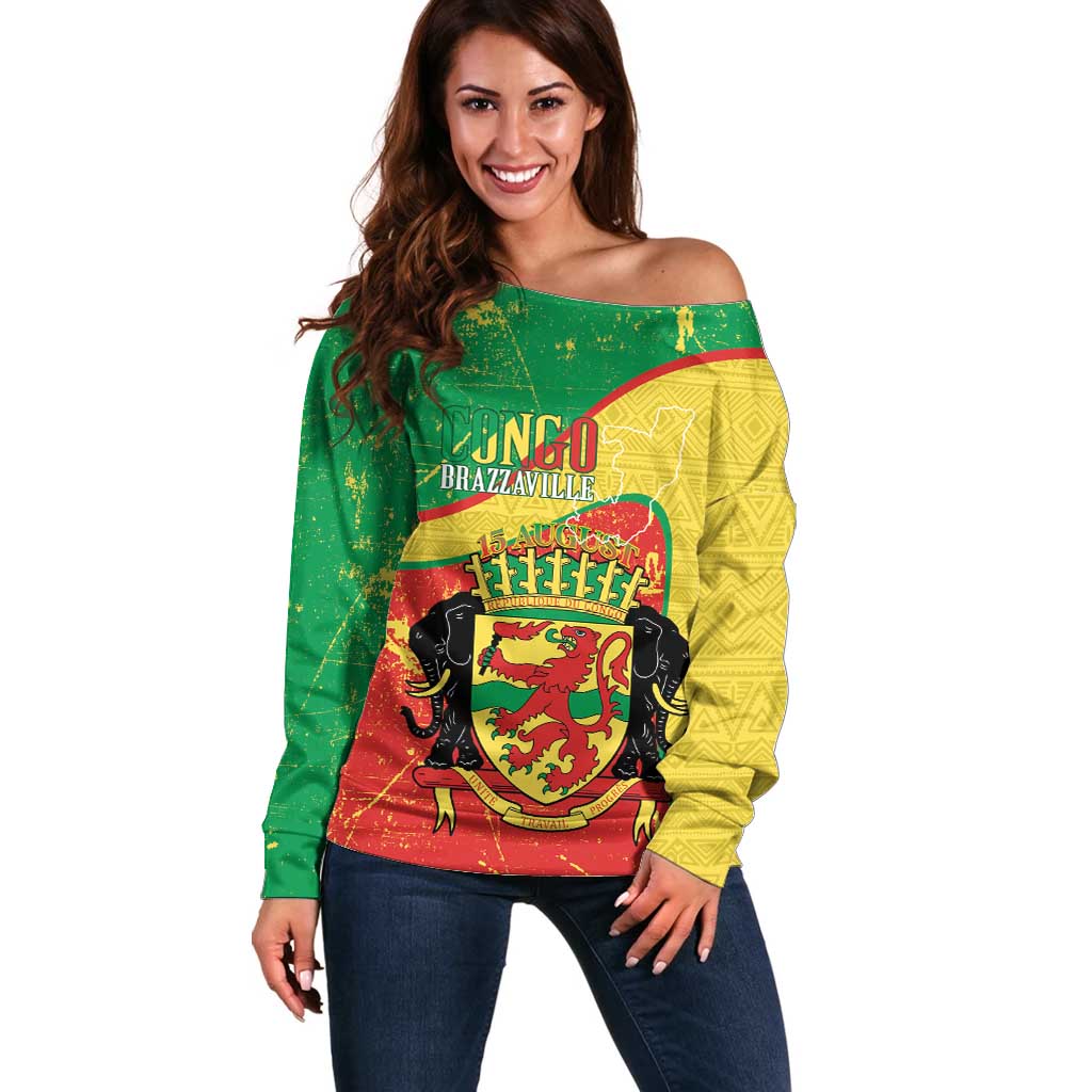 Personalized Congo-Brazzaville Independence Day Off Shoulder Sweater Coat Of Arms Grunge Style - Wonder Print Shop