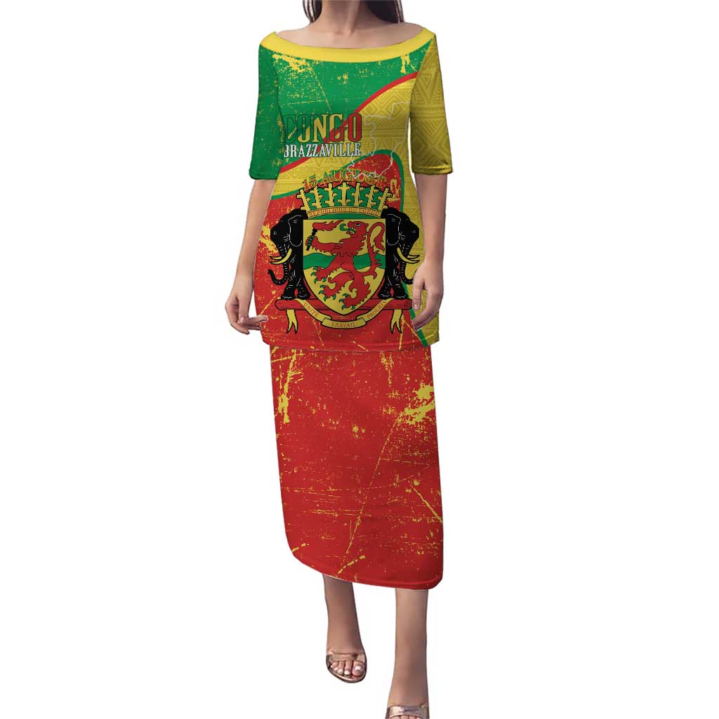 Personalized Congo-Brazzaville Independence Day Puletasi Coat Of Arms Grunge Style - Wonder Print Shop