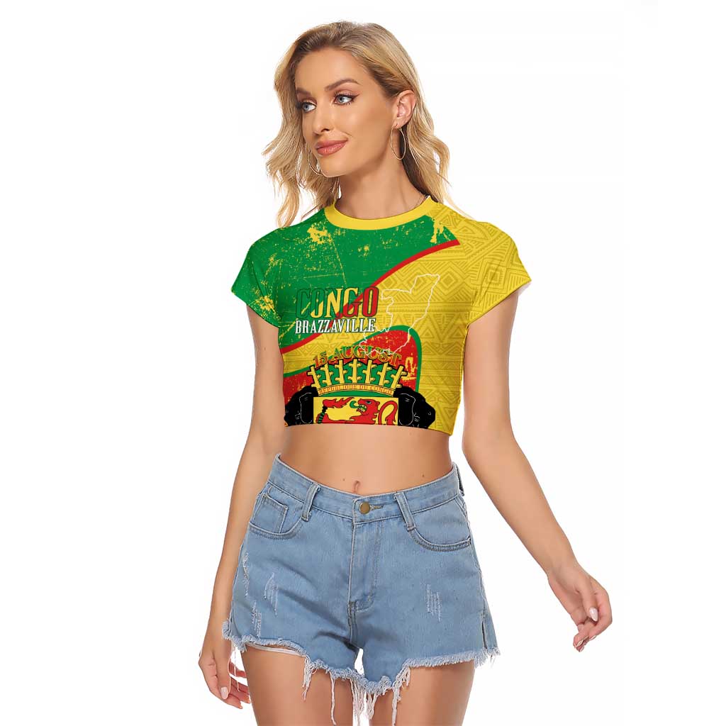 Personalized Congo-Brazzaville Independence Day Raglan Cropped T Shirt Coat Of Arms Grunge Style - Wonder Print Shop