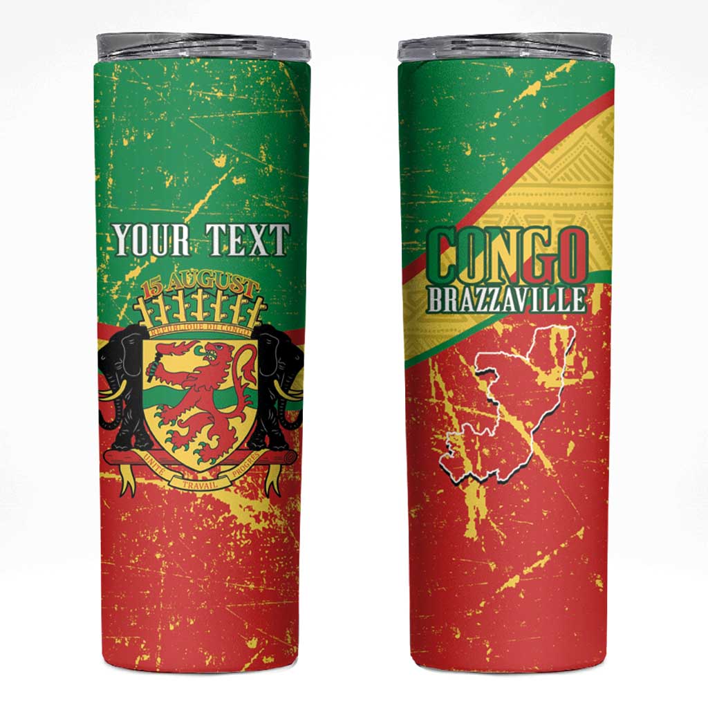 Personalized Congo-Brazzaville Independence Day Skinny Tumbler Coat Of Arms Grunge Style - Wonder Print Shop