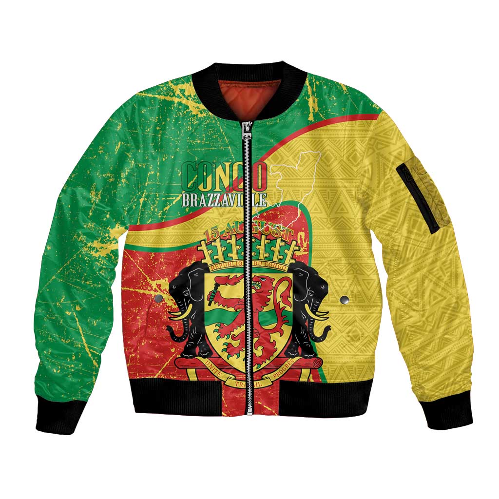Personalized Congo-Brazzaville Independence Day Sleeve Zip Bomber Jacket Coat Of Arms Grunge Style - Wonder Print Shop
