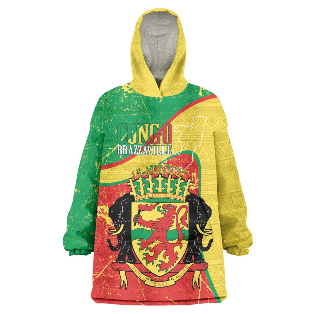 Personalized Congo-Brazzaville Independence Day Wearable Blanket Hoodie Coat Of Arms Grunge Style - Wonder Print Shop