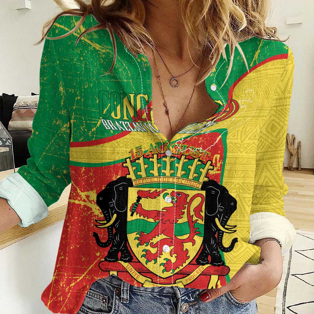 Personalized Congo-Brazzaville Independence Day Women Casual Shirt Coat Of Arms Grunge Style - Wonder Print Shop