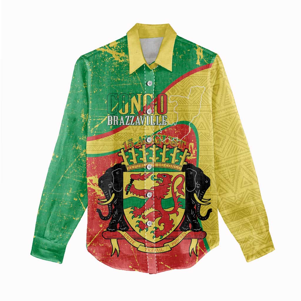 Personalized Congo-Brazzaville Independence Day Women Casual Shirt Coat Of Arms Grunge Style - Wonder Print Shop