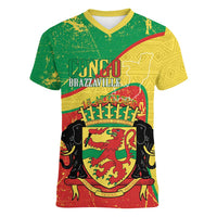 Personalized Congo-Brazzaville Independence Day Women V-Neck T-Shirt Coat Of Arms Grunge Style - Wonder Print Shop
