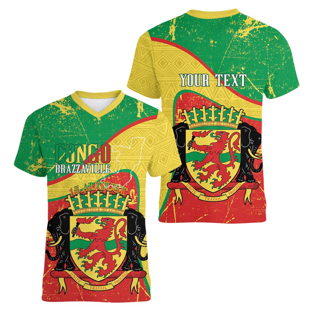 Personalized Congo-Brazzaville Independence Day Women V-Neck T-Shirt Coat Of Arms Grunge Style - Wonder Print Shop