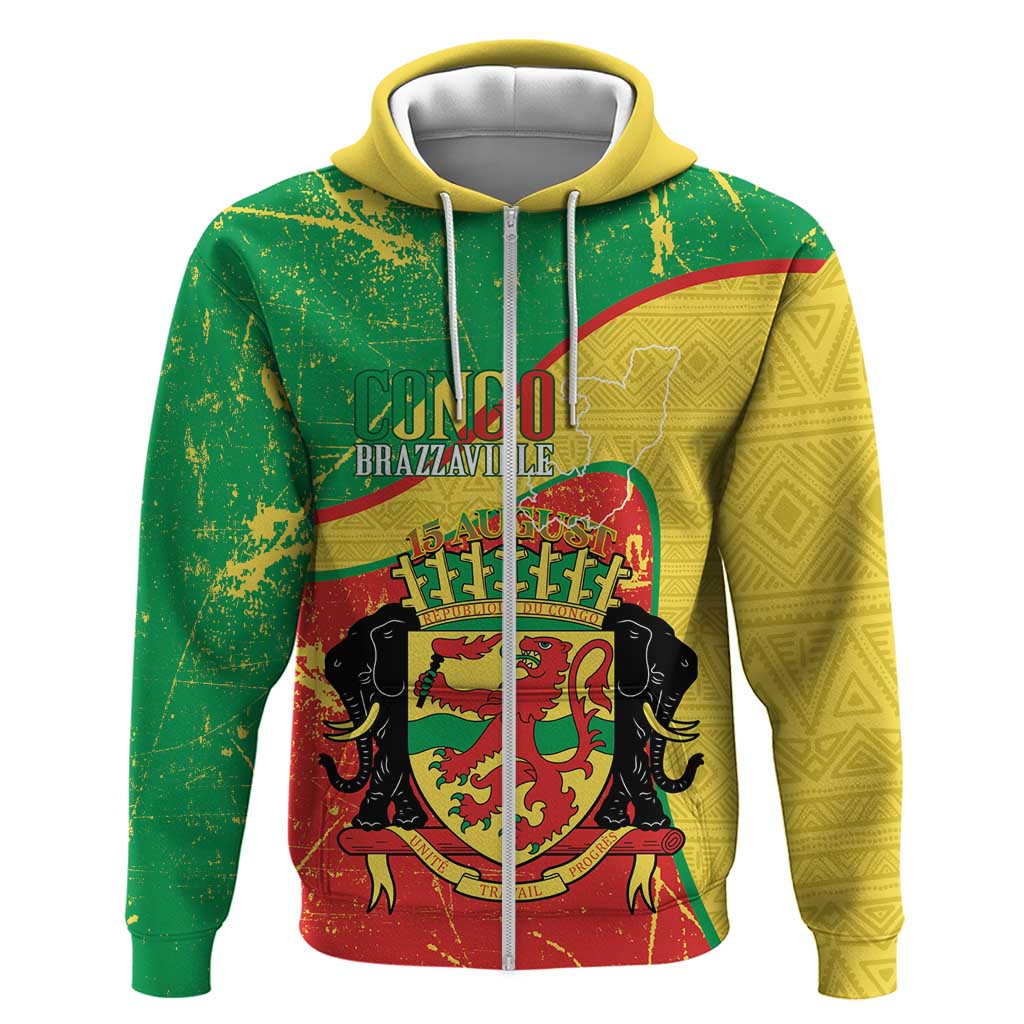 Personalized Congo-Brazzaville Independence Day Zip Hoodie Coat Of Arms Grunge Style - Wonder Print Shop