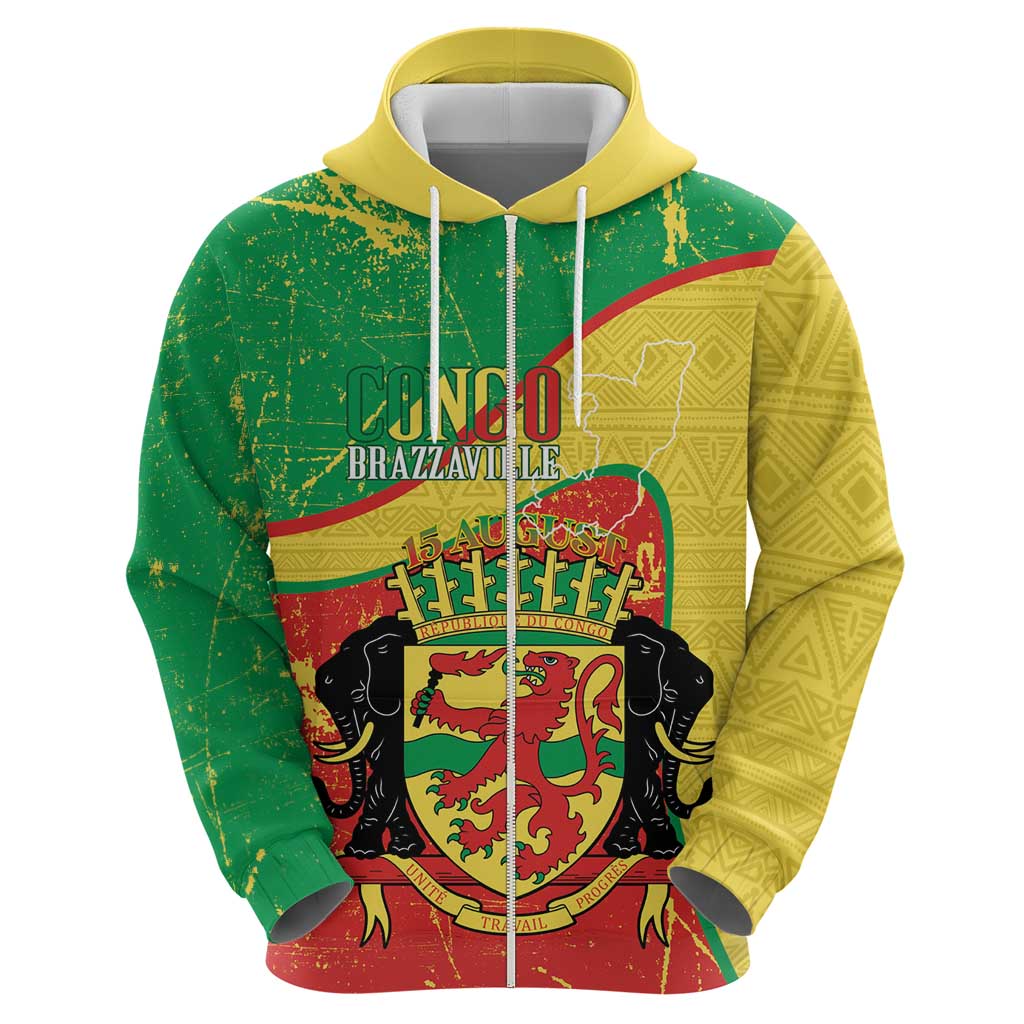 Personalized Congo-Brazzaville Independence Day Zip Hoodie Coat Of Arms Grunge Style - Wonder Print Shop