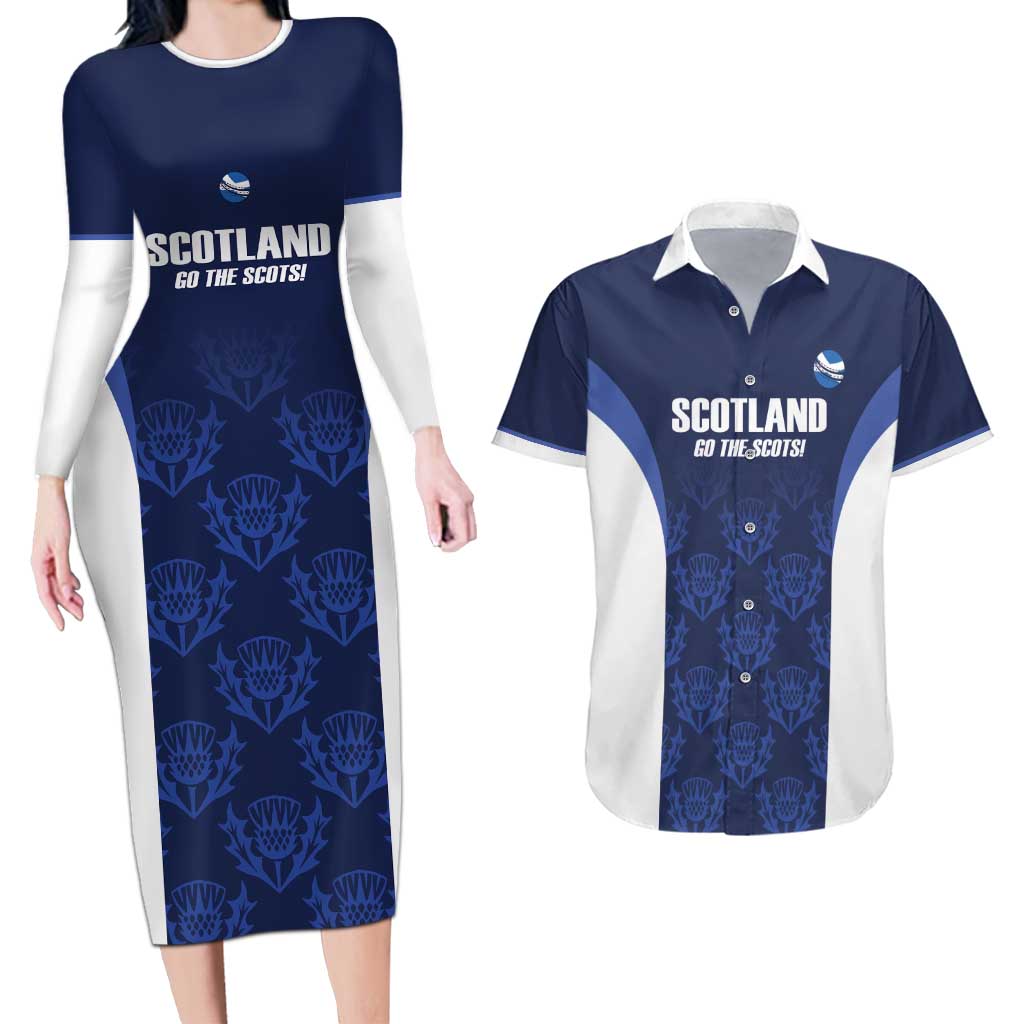 Custom Scotland Cricket Couples Matching Long Sleeve Bodycon Dress and Hawaiian Shirt Go Scots Thistle Pattern - Wonder Print Shop