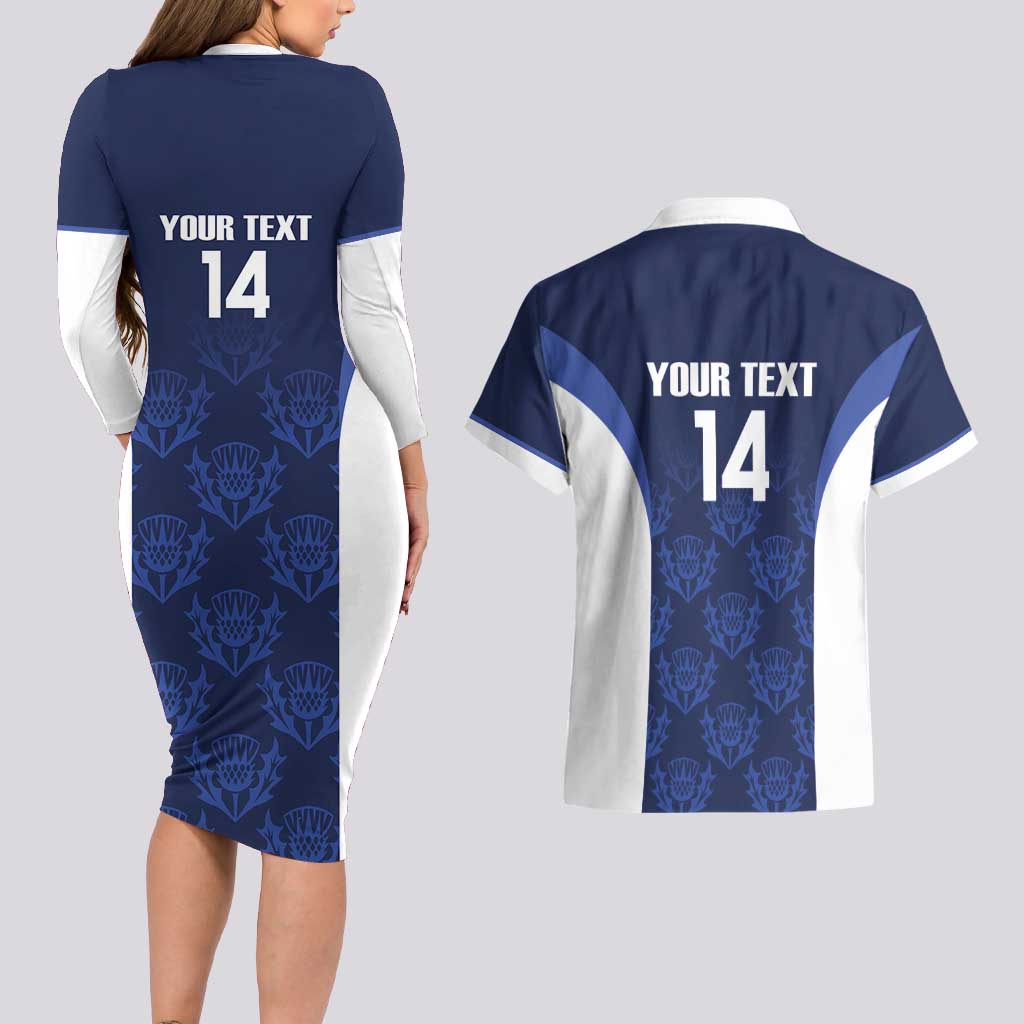 Custom Scotland Cricket Couples Matching Long Sleeve Bodycon Dress and Hawaiian Shirt Go Scots Thistle Pattern - Wonder Print Shop