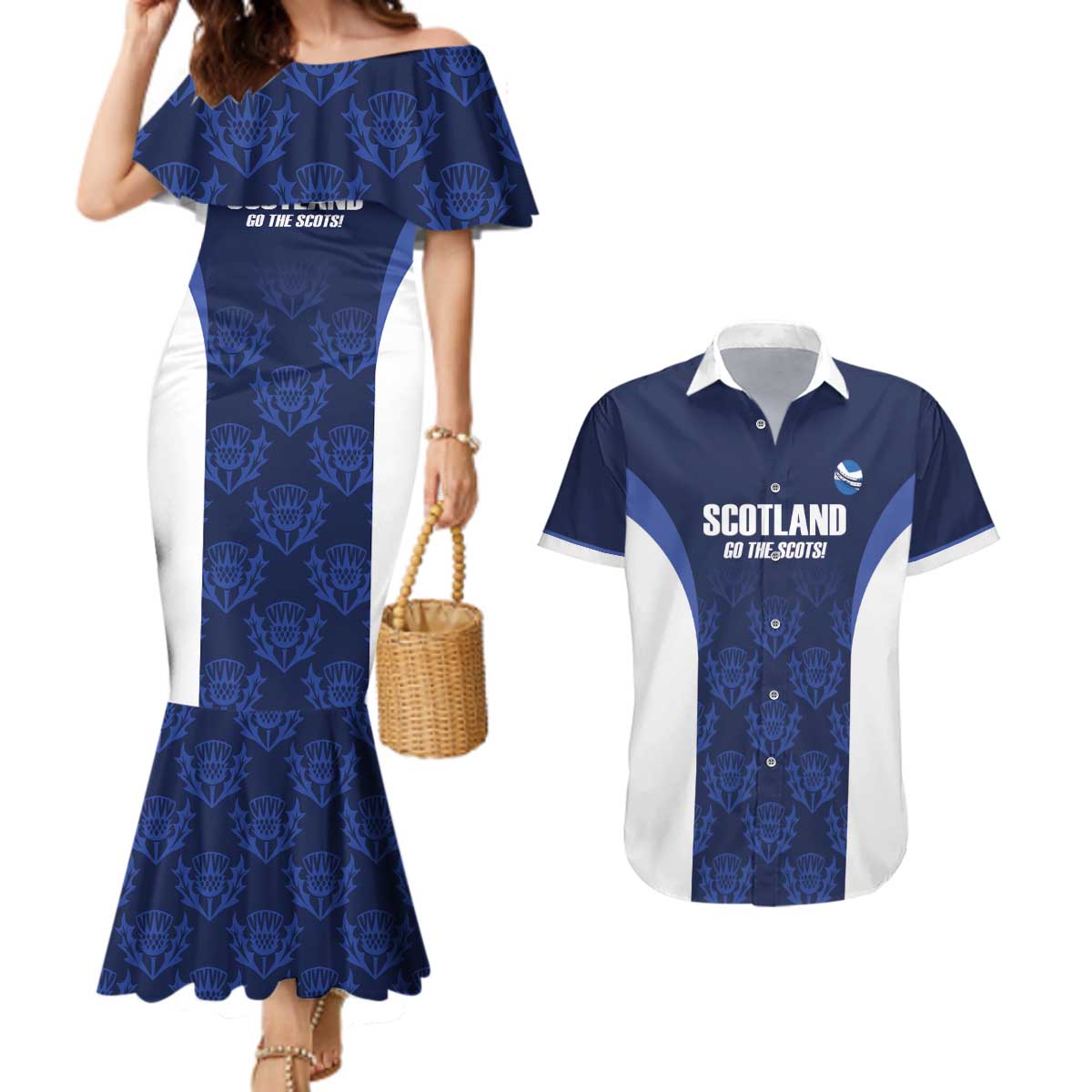 Custom Scotland Cricket Couples Matching Mermaid Dress and Hawaiian Shirt Go Scots Thistle Pattern - Wonder Print Shop