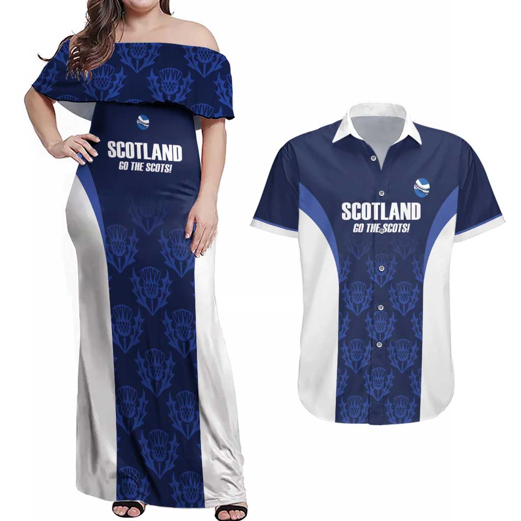 Custom Scotland Cricket Couples Matching Off Shoulder Maxi Dress and Hawaiian Shirt Go Scots Thistle Pattern - Wonder Print Shop