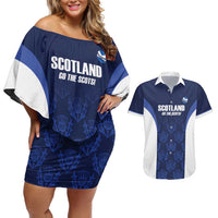 Custom Scotland Cricket Couples Matching Off Shoulder Short Dress and Hawaiian Shirt Go Scots Thistle Pattern - Wonder Print Shop