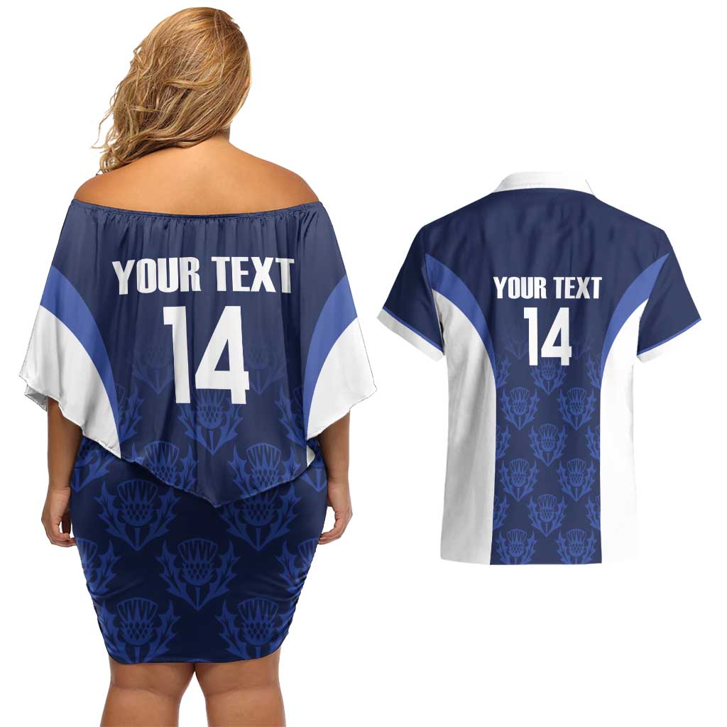 Custom Scotland Cricket Couples Matching Off Shoulder Short Dress and Hawaiian Shirt Go Scots Thistle Pattern - Wonder Print Shop