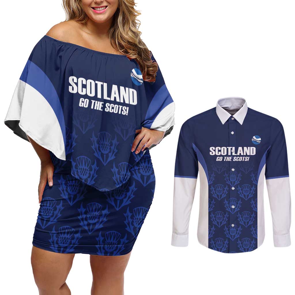 Custom Scotland Cricket Couples Matching Off Shoulder Short Dress and Long Sleeve Button Shirt Go Scots Thistle Pattern - Wonder Print Shop