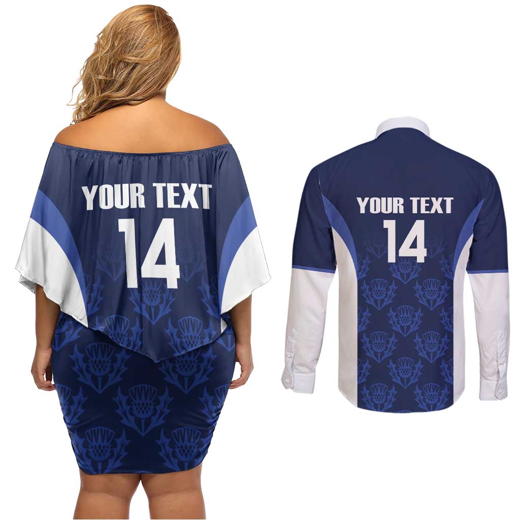 Custom Scotland Cricket Couples Matching Off Shoulder Short Dress and Long Sleeve Button Shirt Go Scots Thistle Pattern - Wonder Print Shop