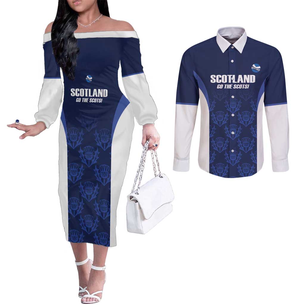 Custom Scotland Cricket Couples Matching Off The Shoulder Long Sleeve Dress and Long Sleeve Button Shirt Go Scots Thistle Pattern - Wonder Print Shop