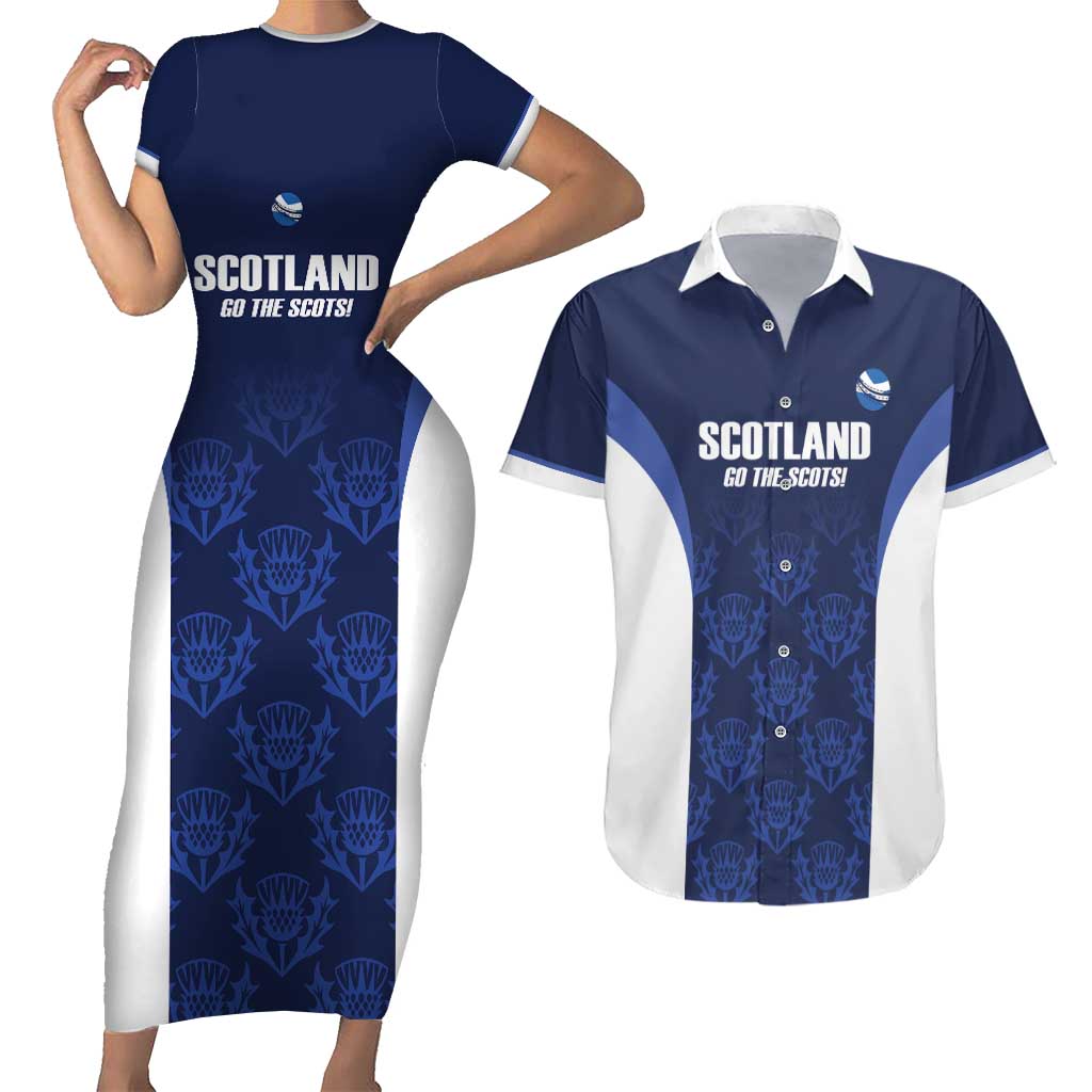 Custom Scotland Cricket Couples Matching Short Sleeve Bodycon Dress and Hawaiian Shirt Go Scots Thistle Pattern - Wonder Print Shop