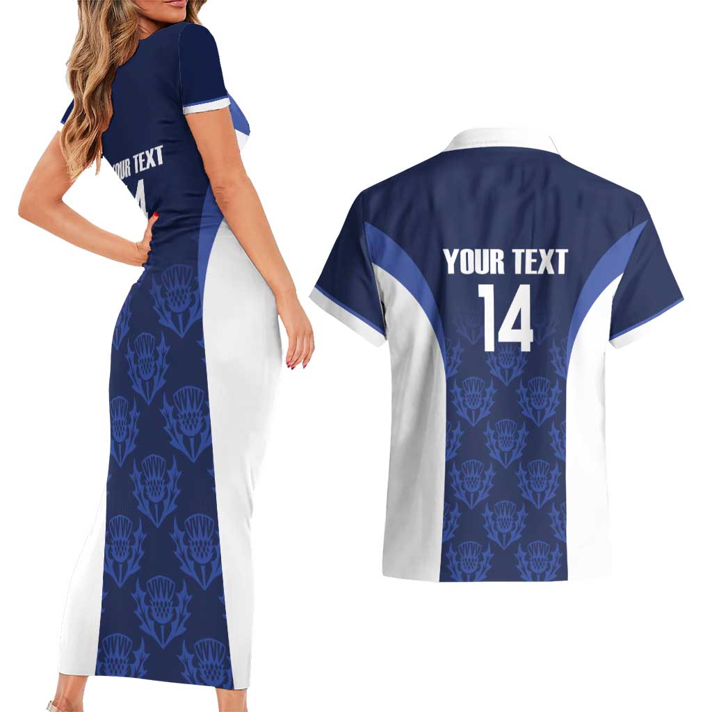 Custom Scotland Cricket Couples Matching Short Sleeve Bodycon Dress and Hawaiian Shirt Go Scots Thistle Pattern - Wonder Print Shop