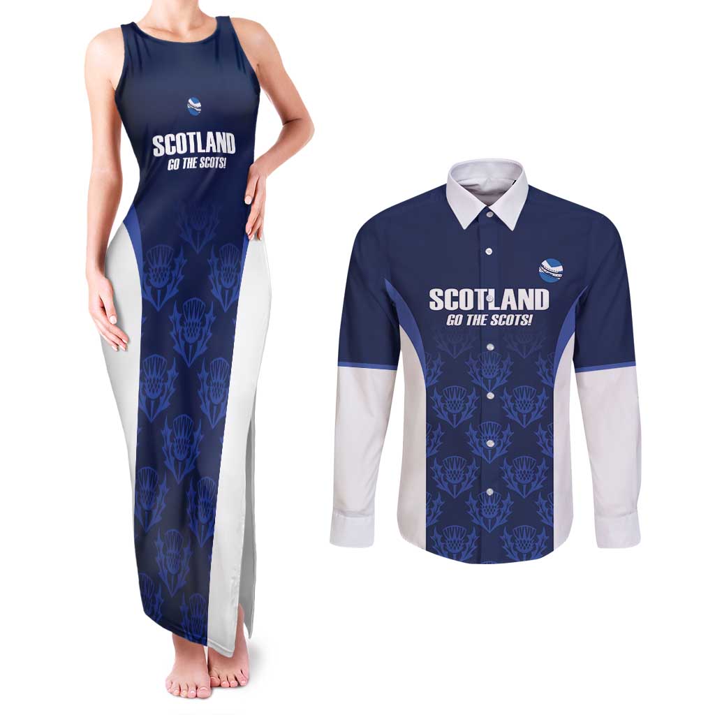 Custom Scotland Cricket Couples Matching Tank Maxi Dress and Long Sleeve Button Shirt Go Scots Thistle Pattern - Wonder Print Shop