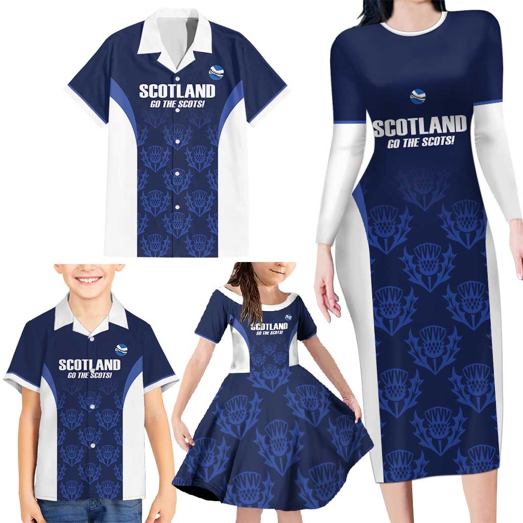 Custom Scotland Cricket Family Matching Long Sleeve Bodycon Dress and Hawaiian Shirt Go Scots Thistle Pattern - Wonder Print Shop