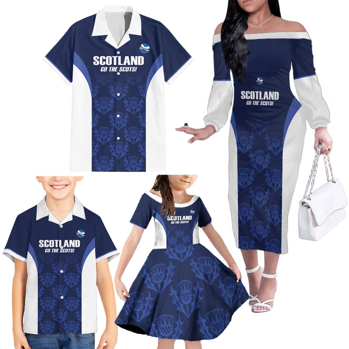Custom Scotland Cricket Family Matching Off The Shoulder Long Sleeve Dress and Hawaiian Shirt Go Scots Thistle Pattern - Wonder Print Shop