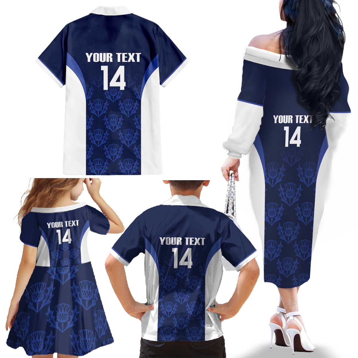 Custom Scotland Cricket Family Matching Off The Shoulder Long Sleeve Dress and Hawaiian Shirt Go Scots Thistle Pattern - Wonder Print Shop