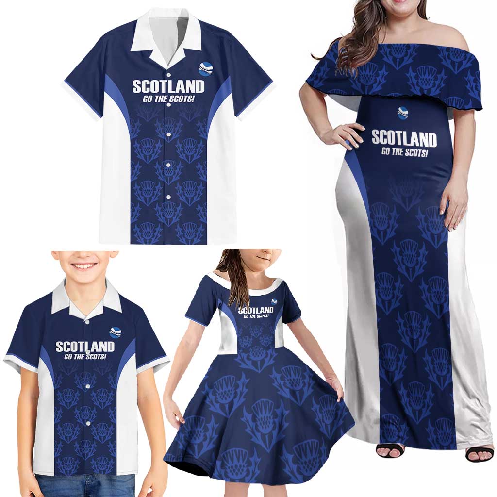 Custom Scotland Cricket Family Matching Off Shoulder Maxi Dress and Hawaiian Shirt Go Scots Thistle Pattern - Wonder Print Shop