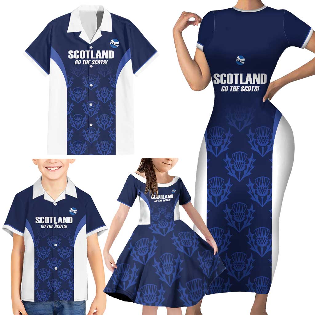 Custom Scotland Cricket Family Matching Short Sleeve Bodycon Dress and Hawaiian Shirt Go Scots Thistle Pattern - Wonder Print Shop