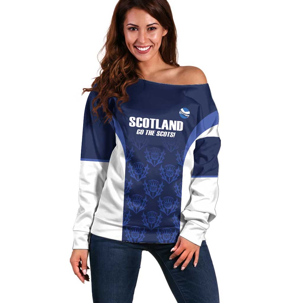 Custom Scotland Cricket Off Shoulder Sweater Go Scots Thistle Pattern - Wonder Print Shop