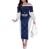 Custom Scotland Cricket Off The Shoulder Long Sleeve Dress Go Scots Thistle Pattern - Wonder Print Shop