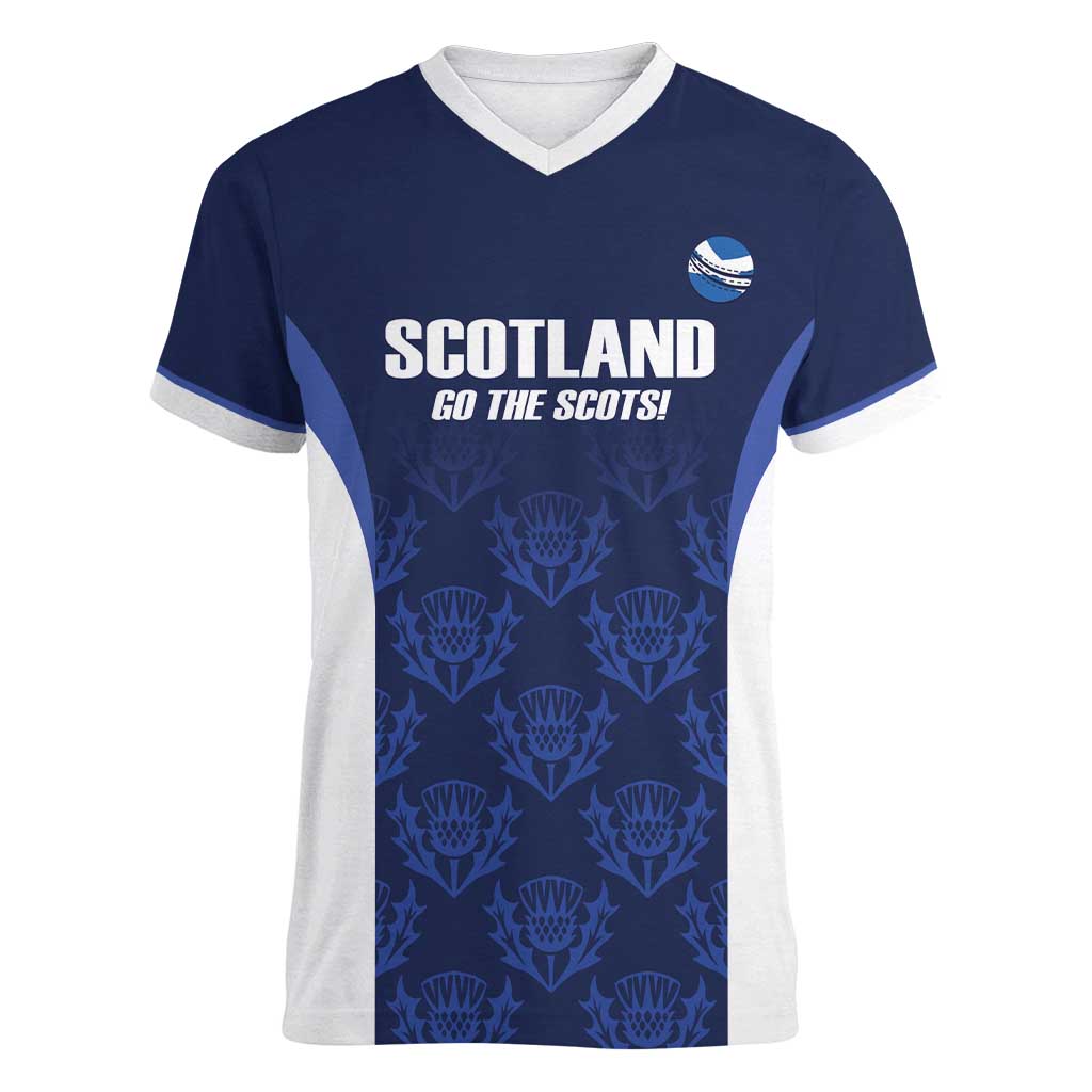 Custom Scotland Cricket Women V-Neck T-Shirt Go Scots Thistle Pattern - undefined