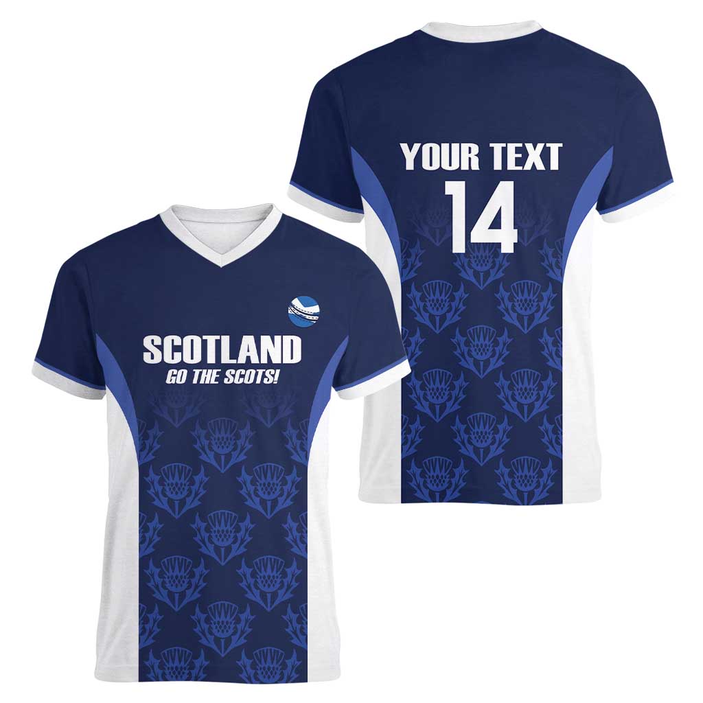 Custom Scotland Cricket Women V-Neck T-Shirt Go Scots Thistle Pattern - undefined