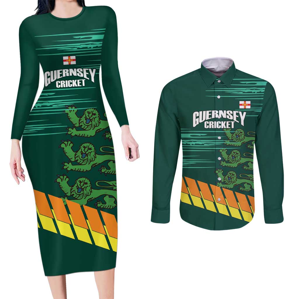 Custom Guernsey Cricket Couples Matching Long Sleeve Bodycon Dress and Long Sleeve Button Shirt Go Champions - Wonder Print Shop