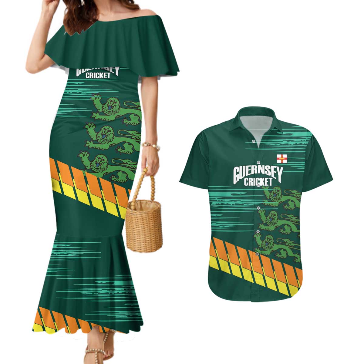 Custom Guernsey Cricket Couples Matching Mermaid Dress and Hawaiian Shirt Go Champions - Wonder Print Shop