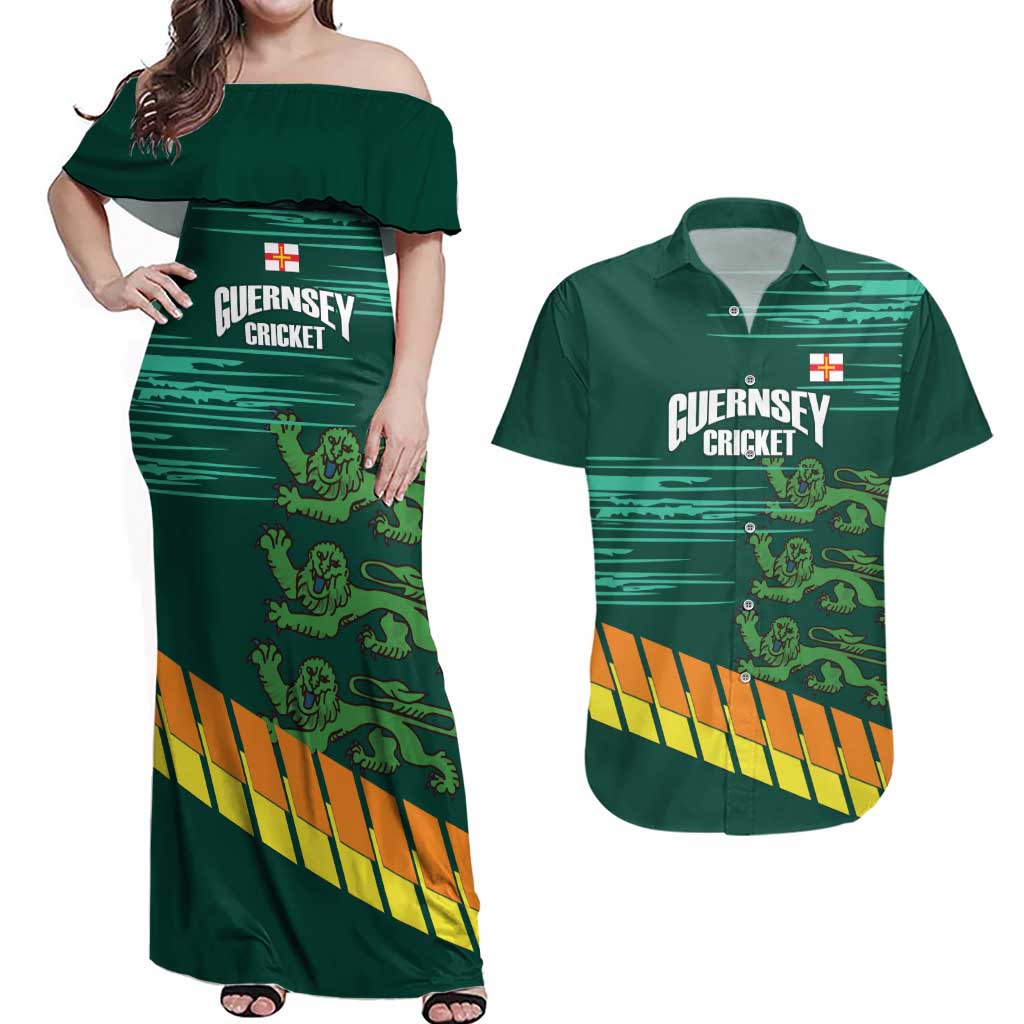 Custom Guernsey Cricket Couples Matching Off Shoulder Maxi Dress and Hawaiian Shirt Go Champions - Wonder Print Shop
